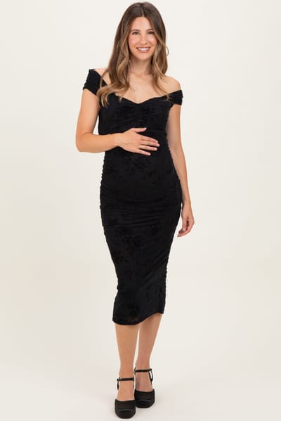 PinkBlush Black Off Shoulder Ruched Mesh Maternity Midi Dress