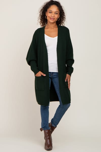 Bluivy Forest Green Pocketed Knit Cardigan