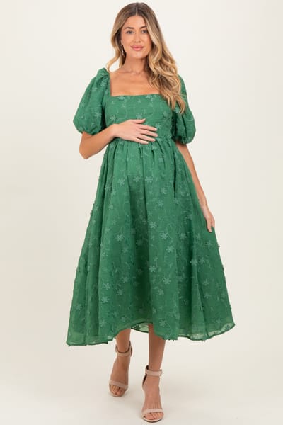 Endless Blu Forest Green Embroidered Floral Puff Sleeve Maternity Midi Dress