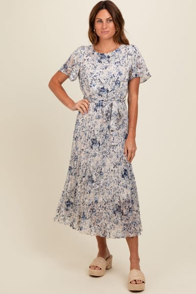 Polagram Cream Floral Pleated Midi Dress