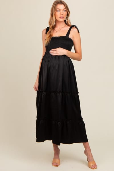 Elloh Black Satin Smocked Maternity Maxi Dress