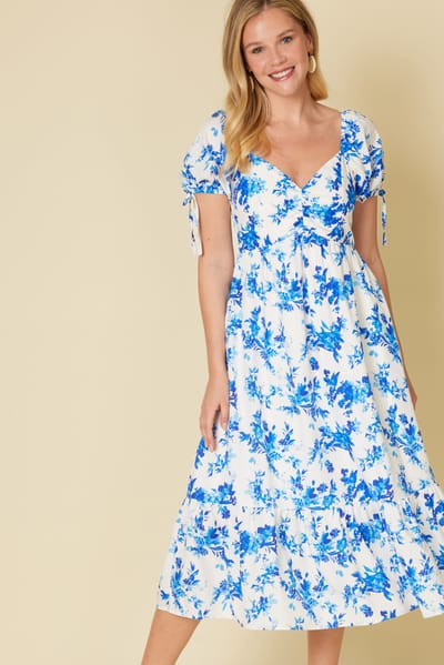Beeson River Blue Floral Puff Sleeve Tie Midi Dress