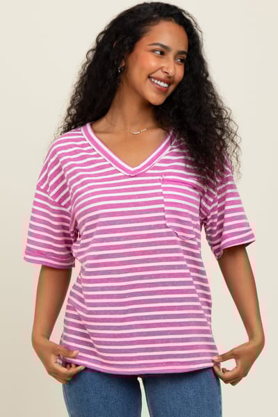 Very J Mauve Striped Oversized V-Neck Front Pocket T-Shirt
