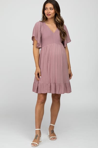 PinkBlush Mauve Smocked Front Ruffle Hem Maternity Dress