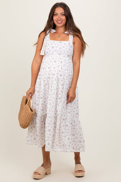 PinkBlush Light Pink Floral Shoulder Tie Maternity Midi Dress