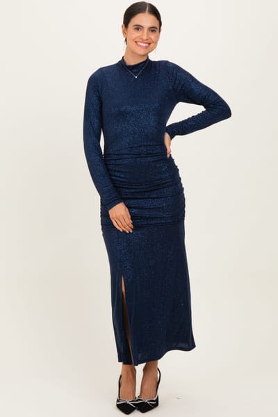 Rhea + Thea Navy Sequin Long Sleeve Mock Neck Maxi Dress