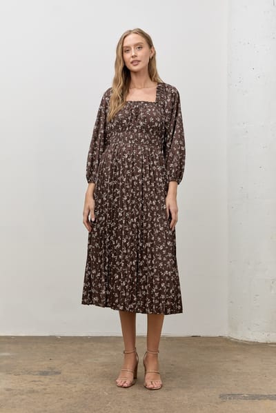 Polagram Brown Floral Long Sleeve Midi Dress