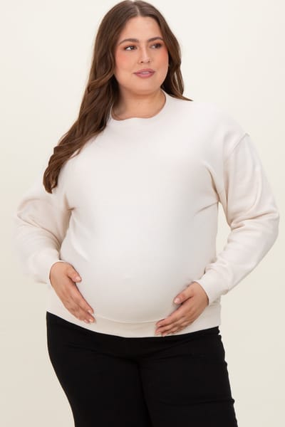 Zenana Outfitters Cream Basic Fleece Crewneck Maternity Sweatshirt
