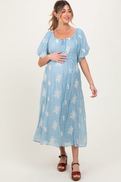 Wishlist Light Blue Floral Embroidered Puff Sleeve Maternity Midi Dress