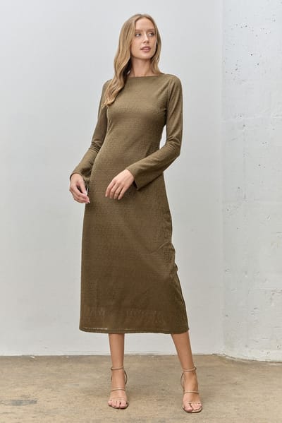 Polagram Olive Lace Jacquard Long Sleeve Midi Dress