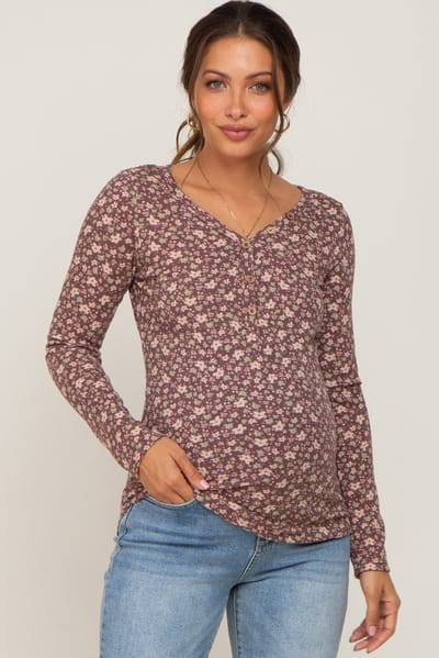 Lovely Melody Mauve Floral Maternity Henley Top