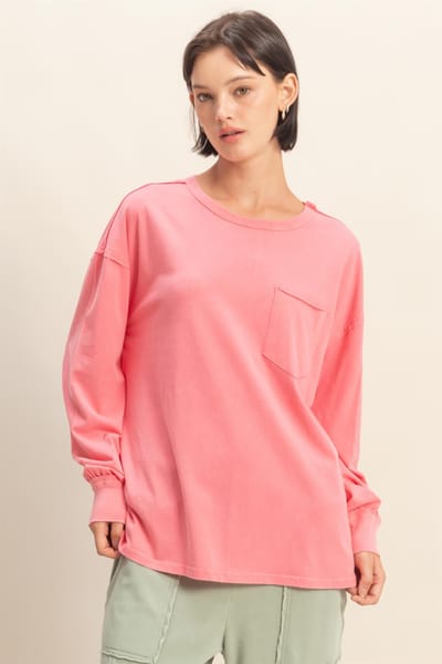 Hyfve Pink Oversized Washed Long Sleeve Pocket Top