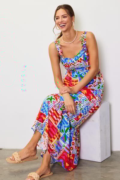 Skies Are Blue Blue Multi-Color Abstract Print Tiered Maxi Dress