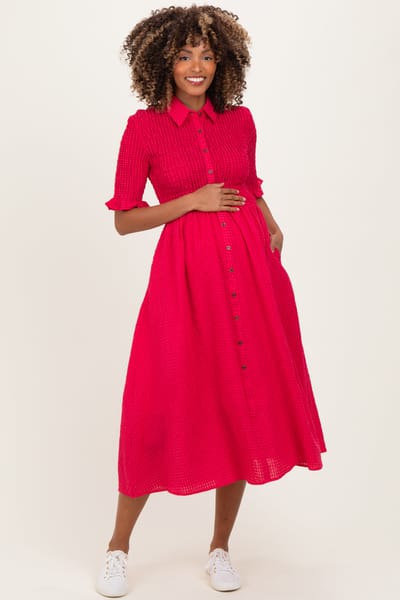 PinkBlush Red Gingham Smocked Button Down Maternity Midi Dress