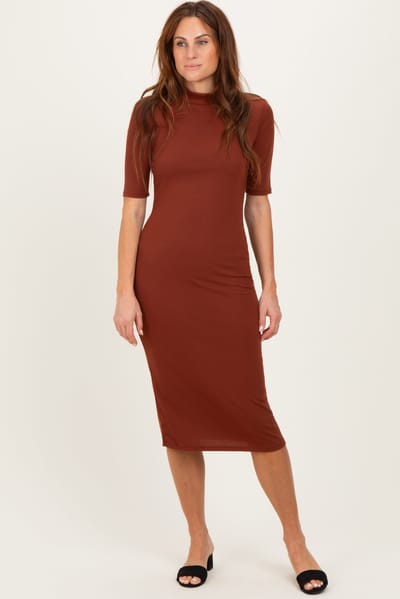 Elloh Maroon Ribbed Mock Neck Midi Dress