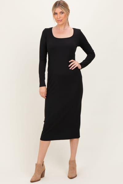 Hello Miz Black Scoop Neck Long Sleeve Midi Dress
