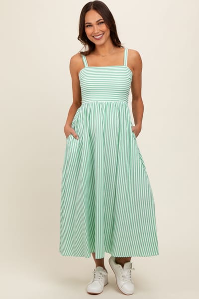PinkBlush Green Striped Square Neck Open Back Sleeveless Maternity Midi Dress