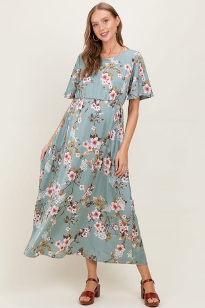 Chris & Carol Light Olive Floral Flutter Sleeve Maternity Maxi Dress