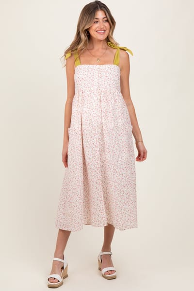 lala von Cream Floral Shoulder Tie Button Down Maternity Midi Dress