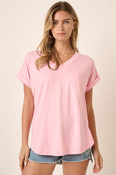 Mitto Light Pink V-Neck Pocket Short Sleeve Shirt