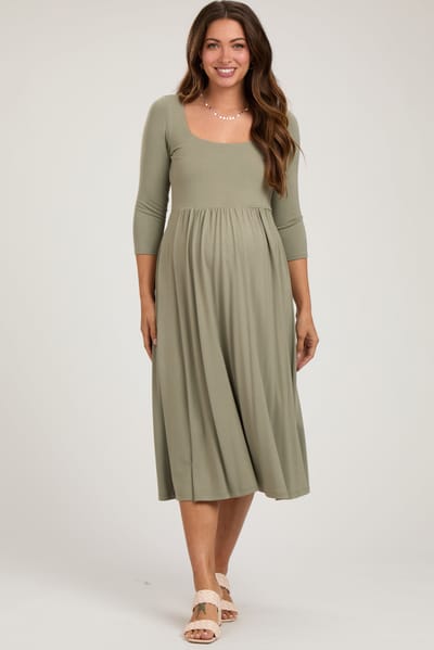 No Less Than Light Olive Square Neck 3/4 Sleeve Maternity Midi Dress