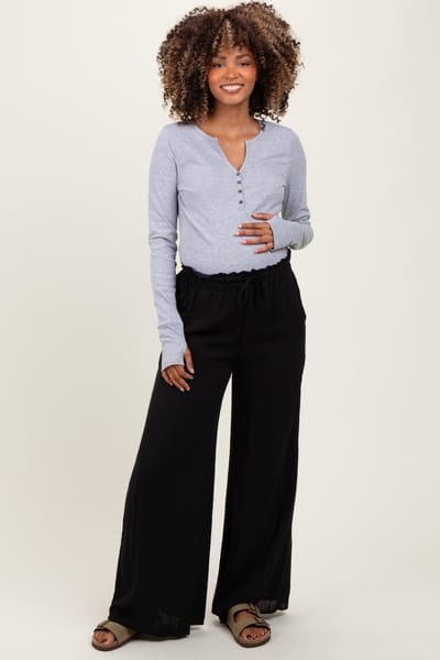 PinkBlush Black Ruffled Drawstring Waist Wide Leg Maternity Pants