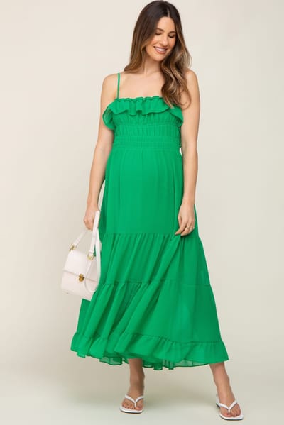 PinkBlush Green Shirred Ruffle Maternity Midi Dress