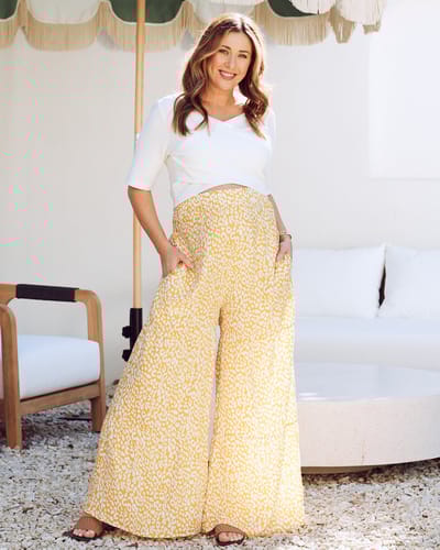 Angel Maternity Stacie Wide Leg Maternity Ruffled Pants in Yellow Animal Print