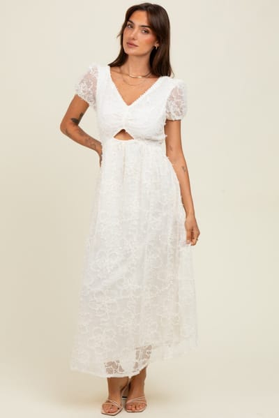 Listicle Cream Embroidered Lace Cutout Midi Dress
