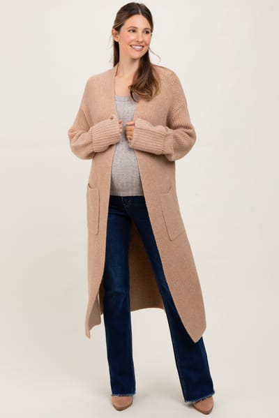 Wishlist Camel Ribbed Chunky Knit Long Oversized Maternity Cardigan