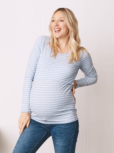 Angel Maternity Blue Striped Long Sleeve Nursing Cotton Top