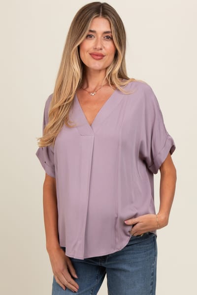 Vine & Love Lavender V-Neck Pin-Tuck Detail Maternity Top