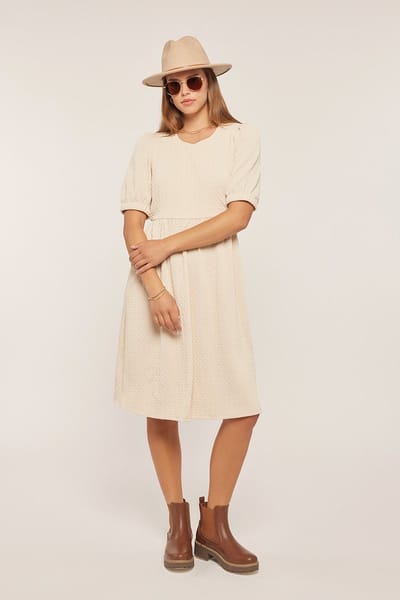 Tea N Rose Ivory Textured Knit Puff Sleeve Midi Dress