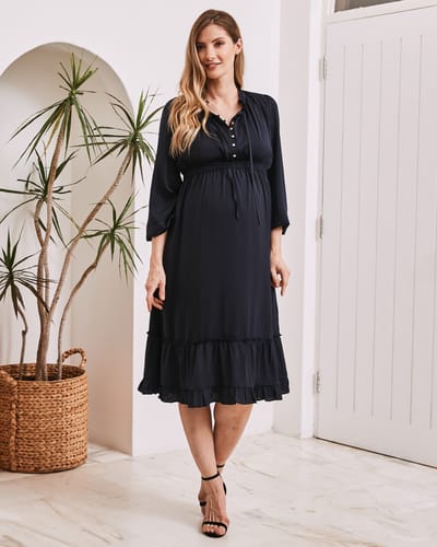 Angel Maternity Stelle Baby Shower Button Front Midi Dress in Navy