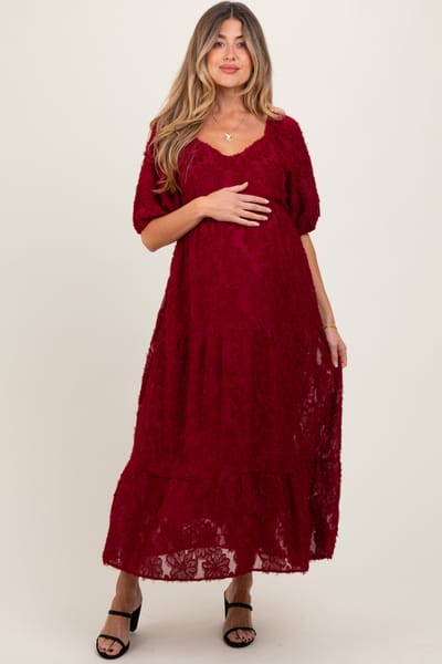 PinkBlush Burgundy Textured Tiered Maternity Midi Dress