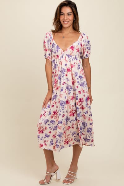 Rhea + Thea Ivory Floral V-Neck Midi Dress