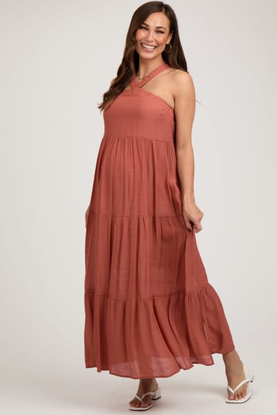PinkBlush Rust Halter Tiered Maternity Maxi Dress