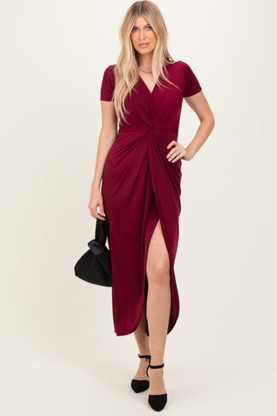 Chris & Carol Burgundy Gathered Front Short Sleeve Maxi Dress