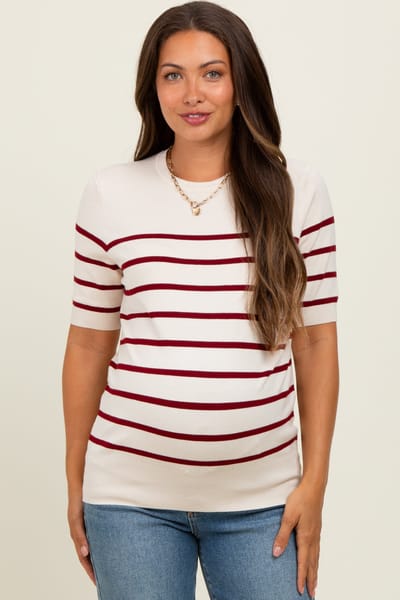 Vine & Love Burgundy Striped Knit Maternity Short Sleeve Top