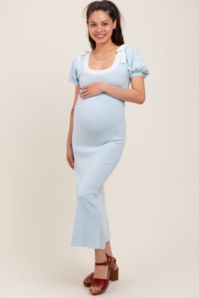 PinkBlush Light Blue Shoulder Bow Puff Sleeve Maternity Sweater Dress