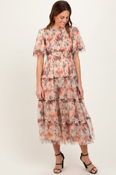 Tea N Rose Peach Floral Mesh Smocked Midi Dress
