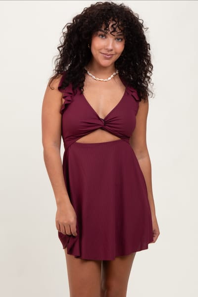 Charmo Burgundy Ribbed Ruffle Twist Front Swim Dress