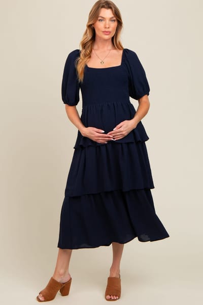 PinkBlush Navy Smocked Body Ruffled Tiered Maternity Midi Dress