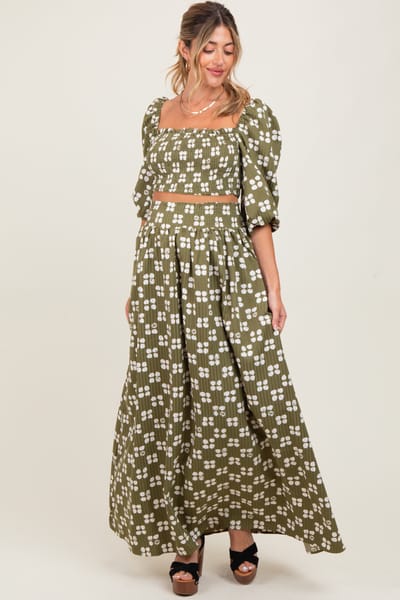 Hers & Mine Olive Printed Smocked Crop Top Maxi Skirt Maternity Set