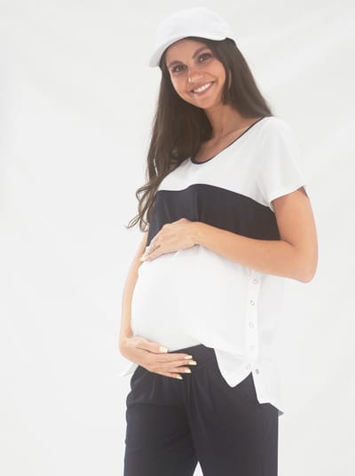 Angel Maternity Maternity and Nursing T-Shirt in Navy and White with Side Zip