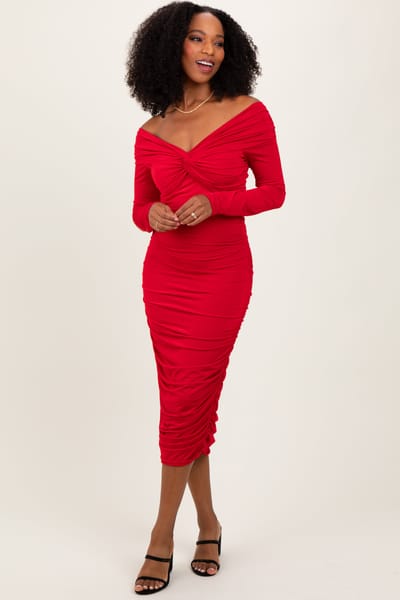 Cameo Red Off Shoulder Ruched Long Sleeve Midi Dress