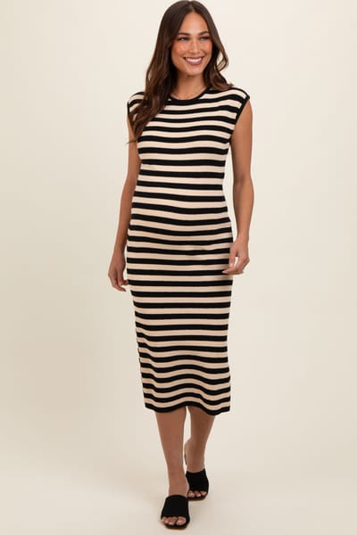 PinkBlush Black Striped Sleeveless Maternity Midi Dress