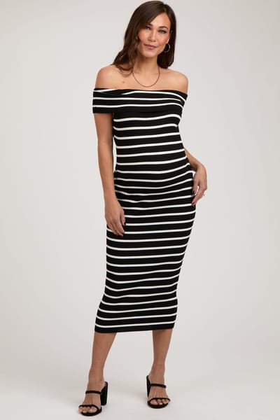 PinkBlush Black Striped Ribbed Off Shoulder Maternity Midi Dress