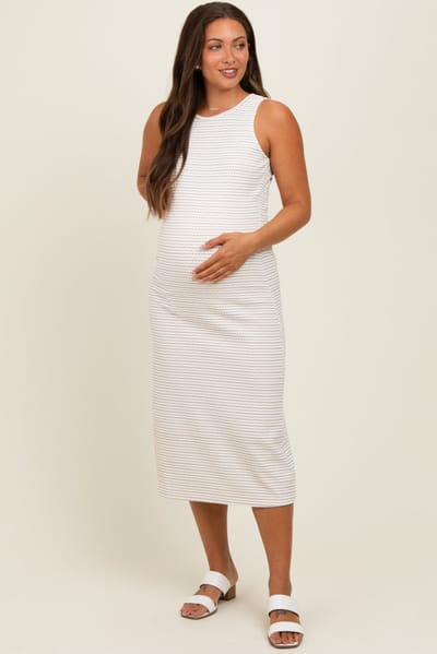 PinkBlush Light Taupe Striped Dot Maternity Midi Dress