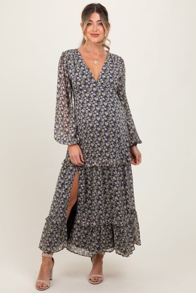 PinkBlush Black Floral Chiffon V-Neck Ruffle Tiered Maternity Maxi Dress